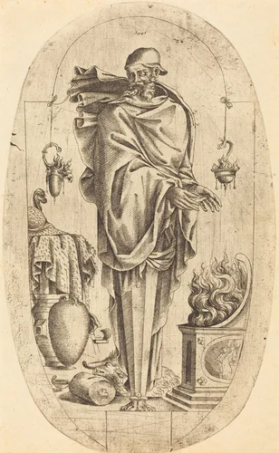 Old Man Warming His Hands by Jean Mignon, print, 1523-1603