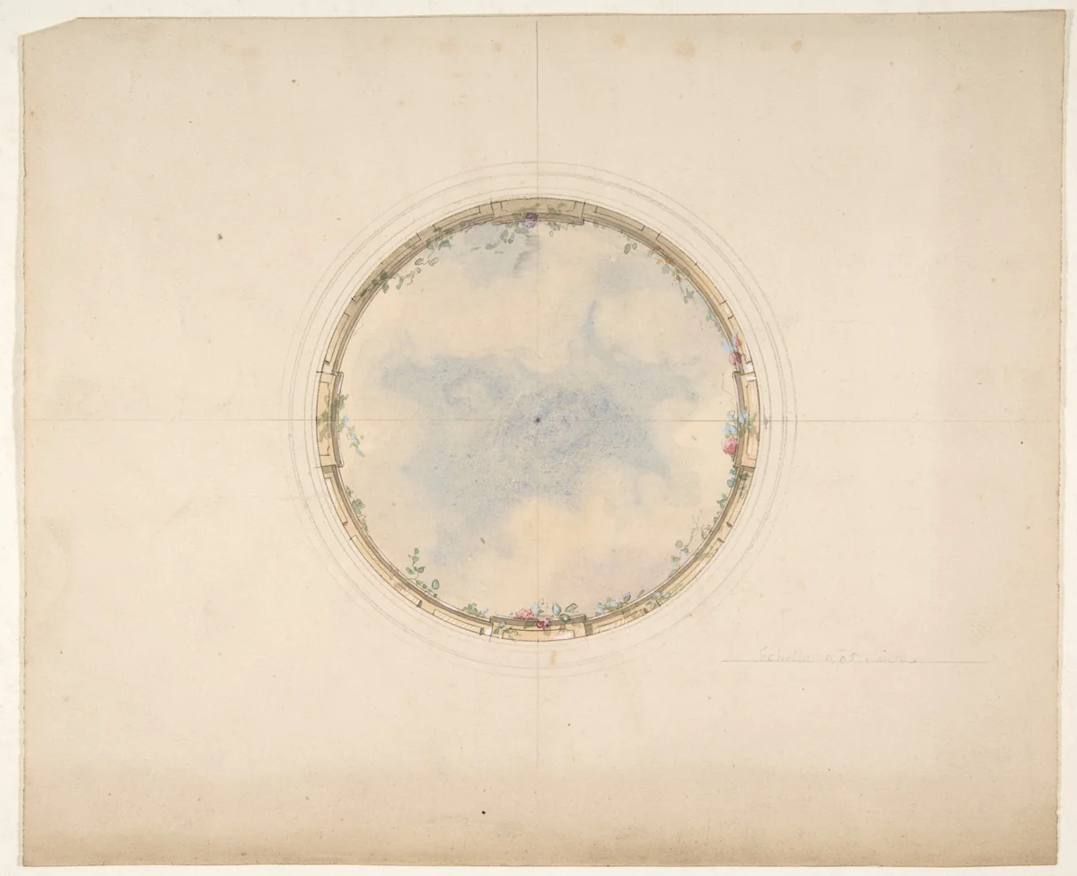 A Circular ceiling design with clouds and roses by Jules-Edmond-Charles Lachaise, drawing, 1850-1900