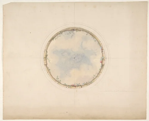 A Circular ceiling design with clouds and roses by Jules-Edmond-Charles Lachaise, drawing, 1850-1900