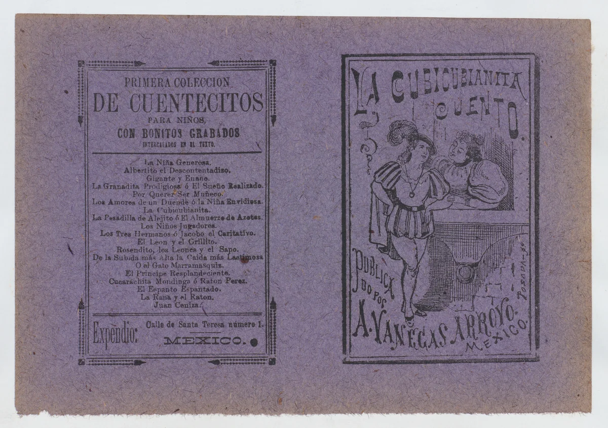 Cover for 'La Cubicubianita Cuento', a figure wearing a feathered hat leaning on a windowsill and talking to another woman by José Guadalupe Posada, print, 1885-1915