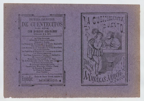 Cover for 'La Cubicubianita Cuento', a figure wearing a feathered hat leaning on a windowsill and talking to another woman by José Guadalupe Posada, print, 1885-1915