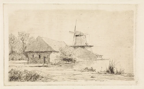Schuur en molen aan het water by Elias Stark, print, 1887