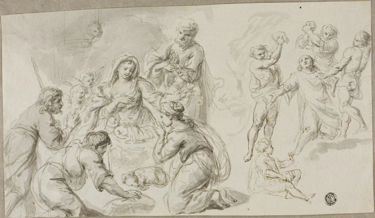 Adoration of the Shepherds; Stoning of Saint Stephen by Unknown Artist, drawing, 1600-1699