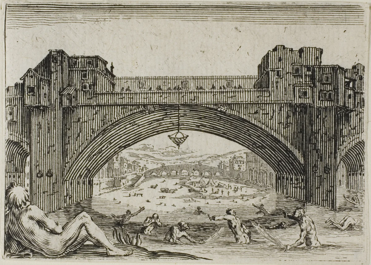 The Ponte Vecchio in Florence, from The Caprices by Jacques Callot, print, 1617-1627