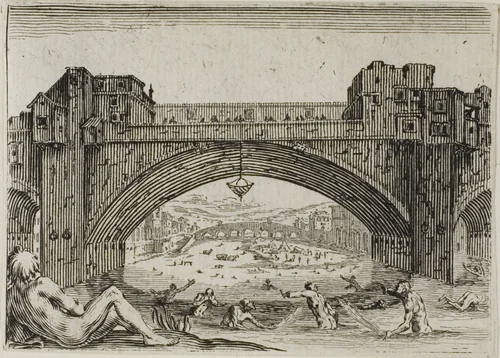 The Ponte Vecchio in Florence, from The Caprices by Jacques Callot, print, 1617-1627