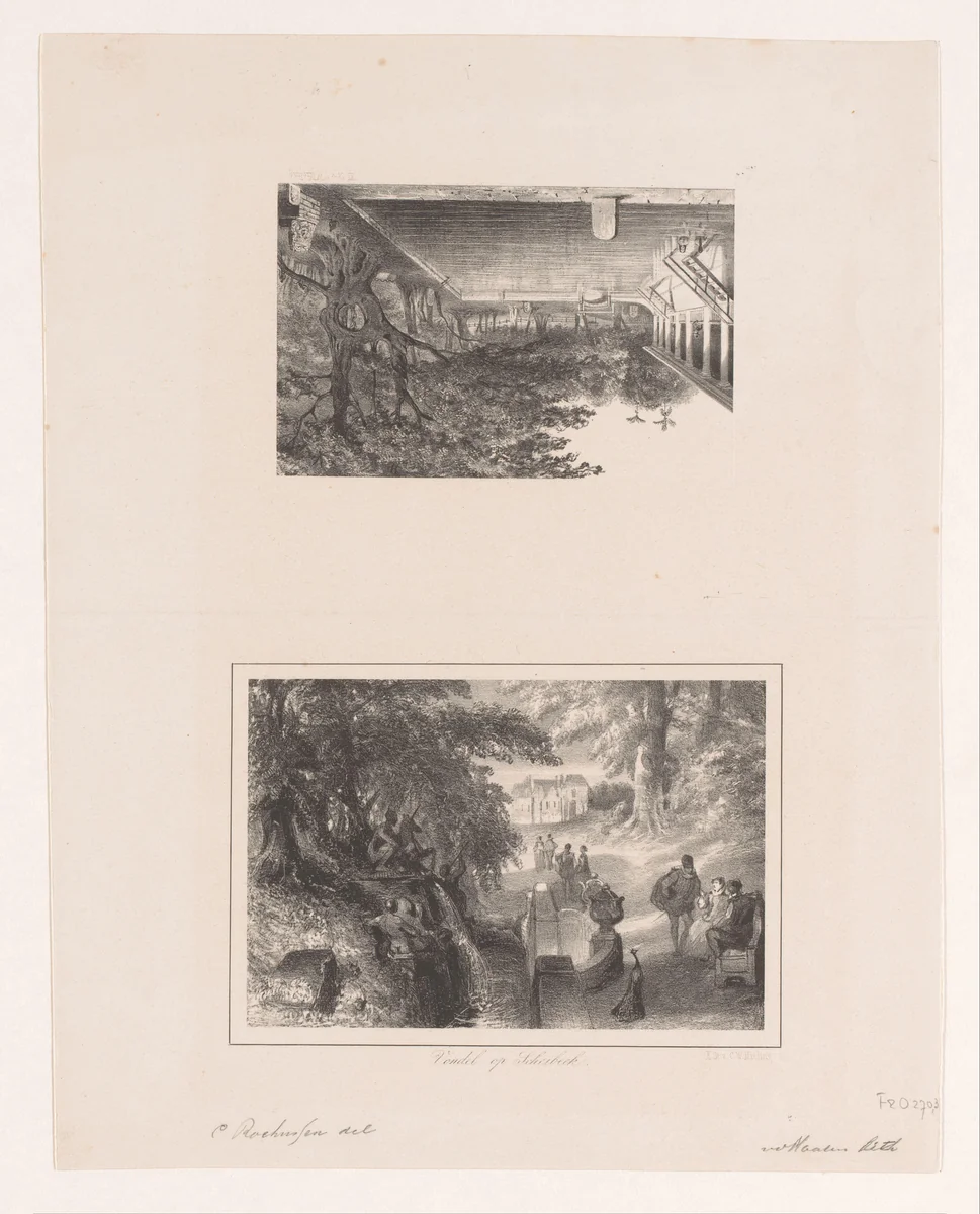 Park met fontein en vrouwen in zwembad by Charles Rochussen, print, 1854