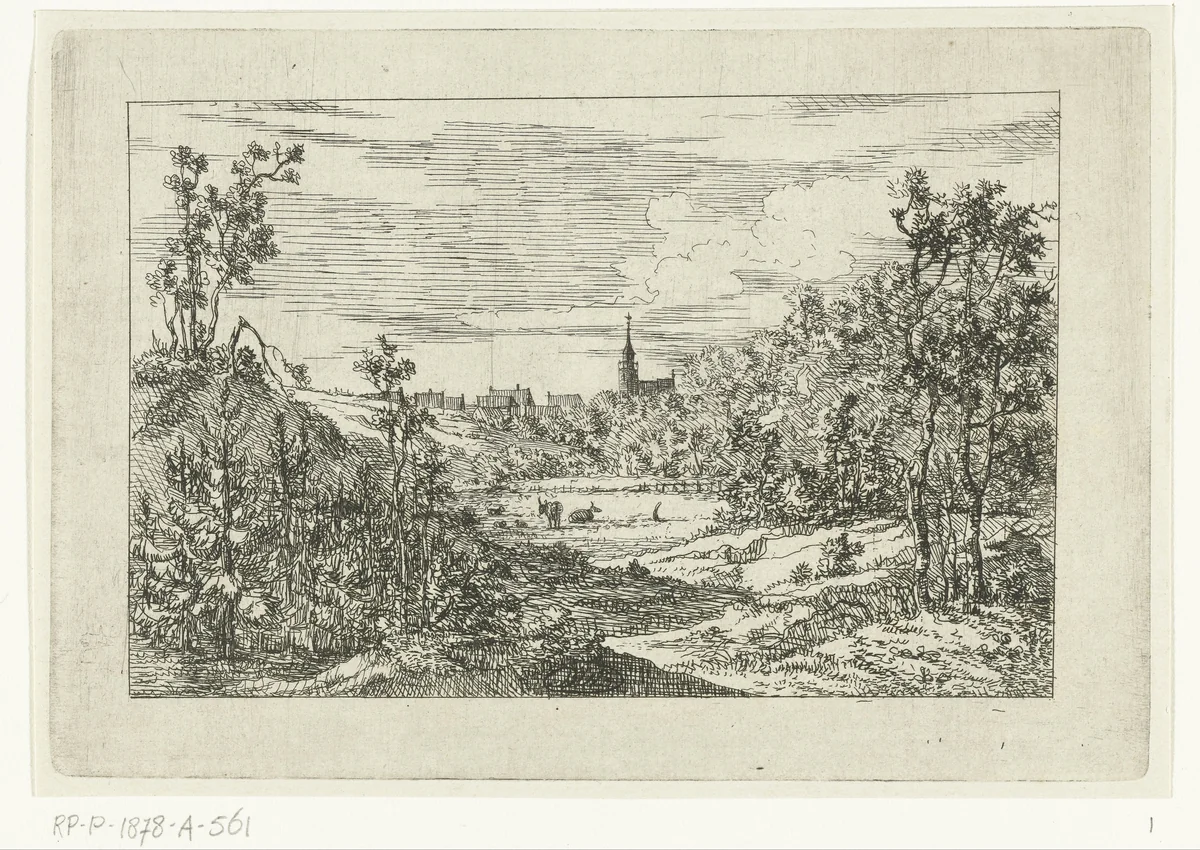 Duinlandschap en gezicht op huizen en kerk van Scheveningen by Dirk Vis Blokhuyzen, print, 1809-1869