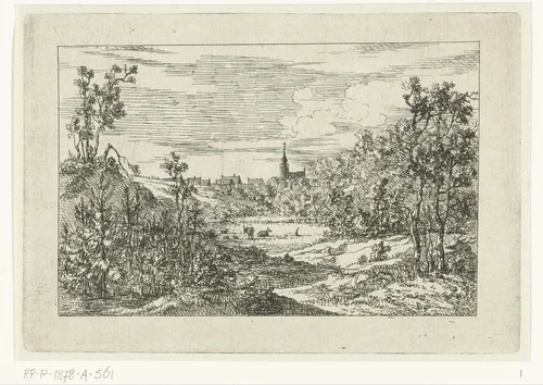 Duinlandschap en gezicht op huizen en kerk van Scheveningen by Dirk Vis Blokhuyzen, print, 1809-1869