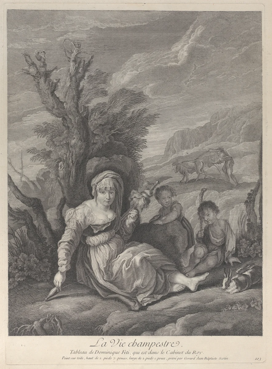 A country woman sitting in landscape with two boys at her side by Gérard Jean Baptiste Scotin, print, 1729-1740