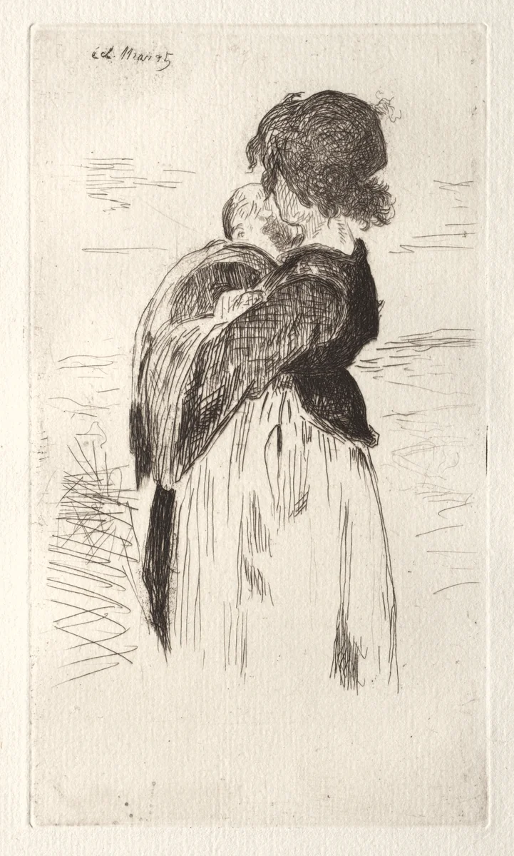 La petite fille tenant un bébé by Edouard Manet, print, 1862