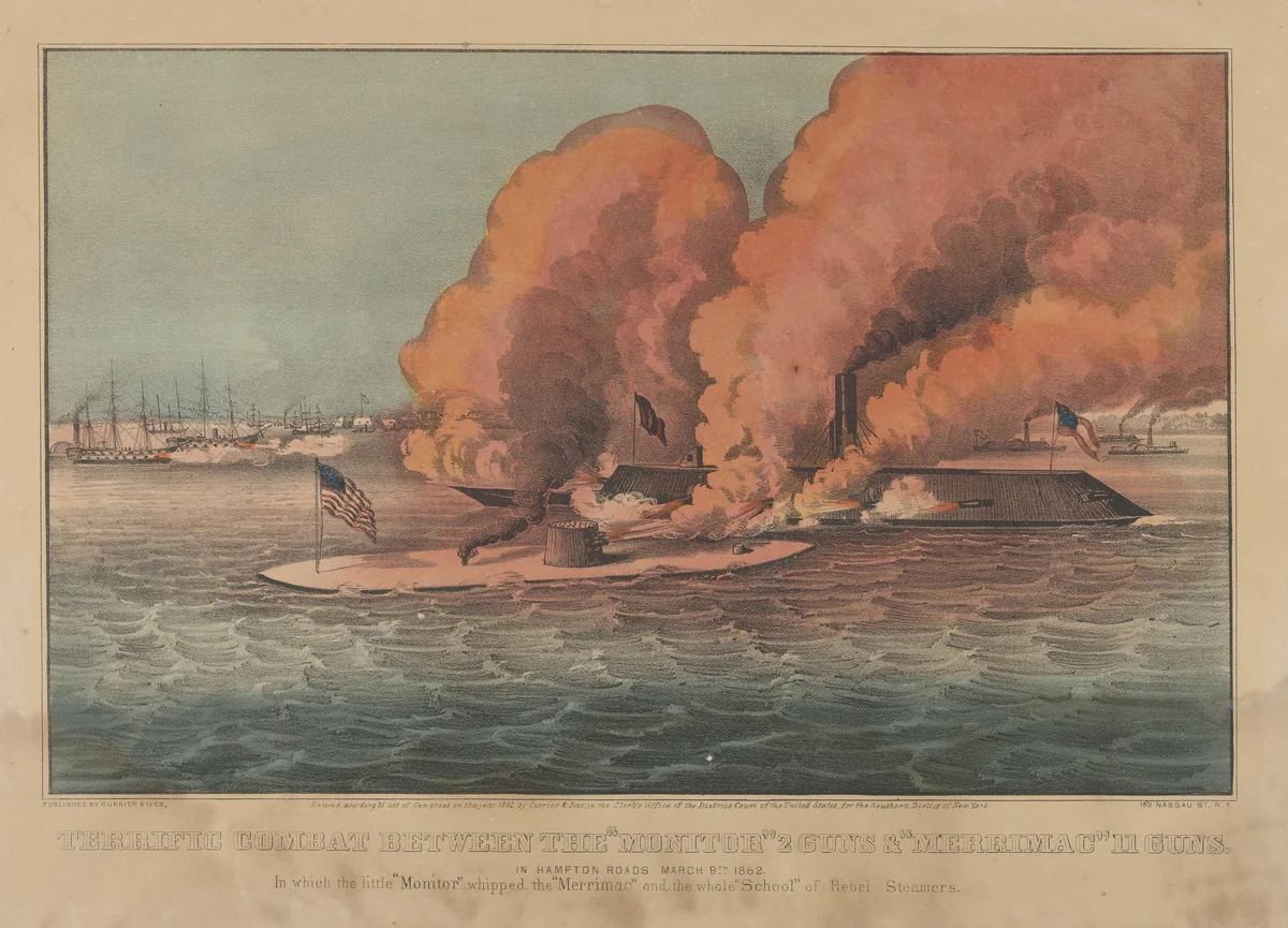Terrific Combat Between the "Monitor" 2 Guns & "Merrimac" 11 Guns – In Hampton Roads March 9th, 1862 – In which the little "Monitor" whipped the "Merrimac" and the whole "School" of Rebel Steamers by Currier & Ives, print, 1862