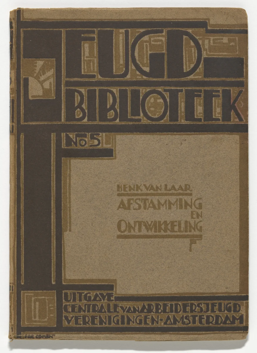 Youth Library no.5 "Descent and Development" (Jeugdbibliotheek no. 5 "Afstamming en Ontwikkeling") by Henk van Laar by Fré Cohen, design, 1925