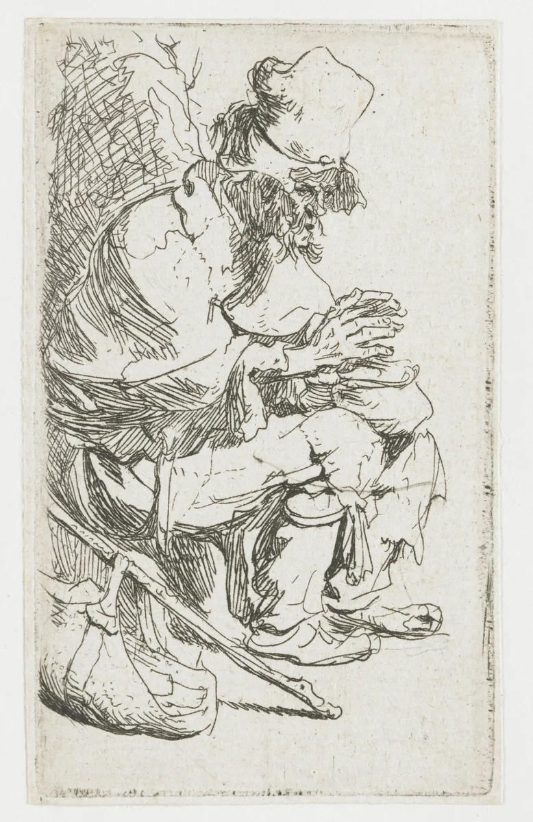 Beggar seated warming his hands at a chafing dish by Rembrandt van Rijn, print, 1630