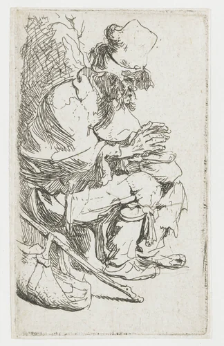 Beggar seated warming his hands at a chafing dish by Rembrandt van Rijn, print, 1630