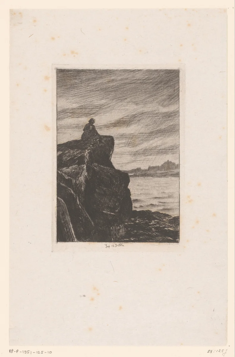 Verbannen Victor Hugo kijkt uit over zee by Henri Charles Guérard, print, 1856-1897