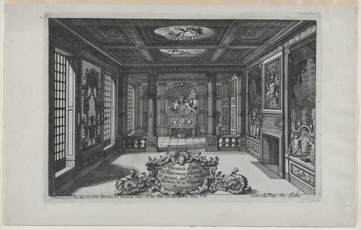 Title Plate with a Cartouche Set in a Lavish Interior, from Nouveaux Liure da Partements, part of Œuvres du Sr. D. Marot by Daniel Marot, print, 1703-1712