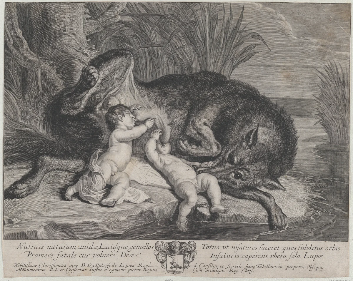Romulus and Remus suckling the she-wolf on a riverbank by anonymous, print, 1645-1680