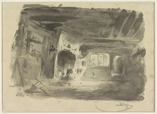 Interieur met geknielde vrouw voor haard by Eugène François de Block, drawing, 1822-1893