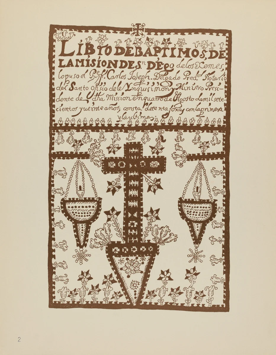 Plate 2: Jemez Book of Baptisms: From Portfolio "Spanish Colonial Designs of New Mexico" by American 20th Century, index of american design, 1935-1942