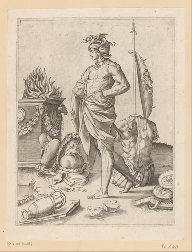 Soldaat bij een brandend altaar by Unknown, print, 1531-1536