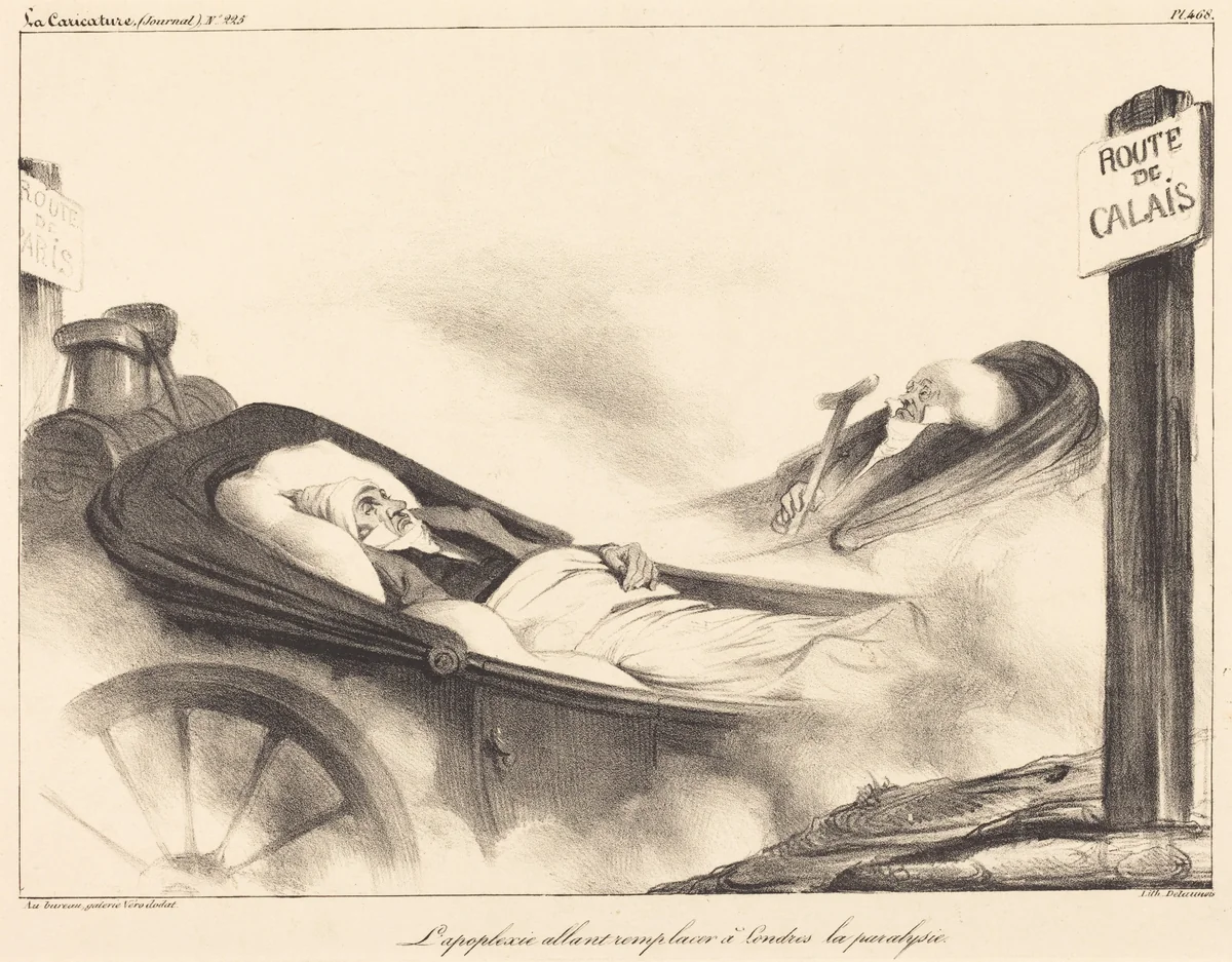 L'Apoplexie allant remplacer a Londres la paralysie by Honoré Daumier, print, 1835