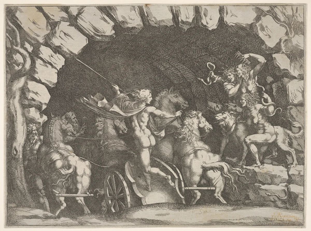 Pluto, seen from behind, entering the Underwold on his chairot, Cereberus and three Furies to right, from "Giove che fulmina li giganti", after the frescoes on the ceiling of the Sala dei Giganti designed by Giulio Romano for the Palazzo del Te, Mantua by Pietro Santi Bartoli, print, 1675-1685