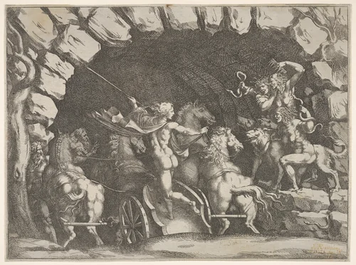 Pluto, seen from behind, entering the Underwold on his chairot, Cereberus and three Furies to right, from "Giove che fulmina li giganti", after the frescoes on the ceiling of the Sala dei Giganti designed by Giulio Romano for the Palazzo del Te, Mantua by Pietro Santi Bartoli, print, 1675-1685