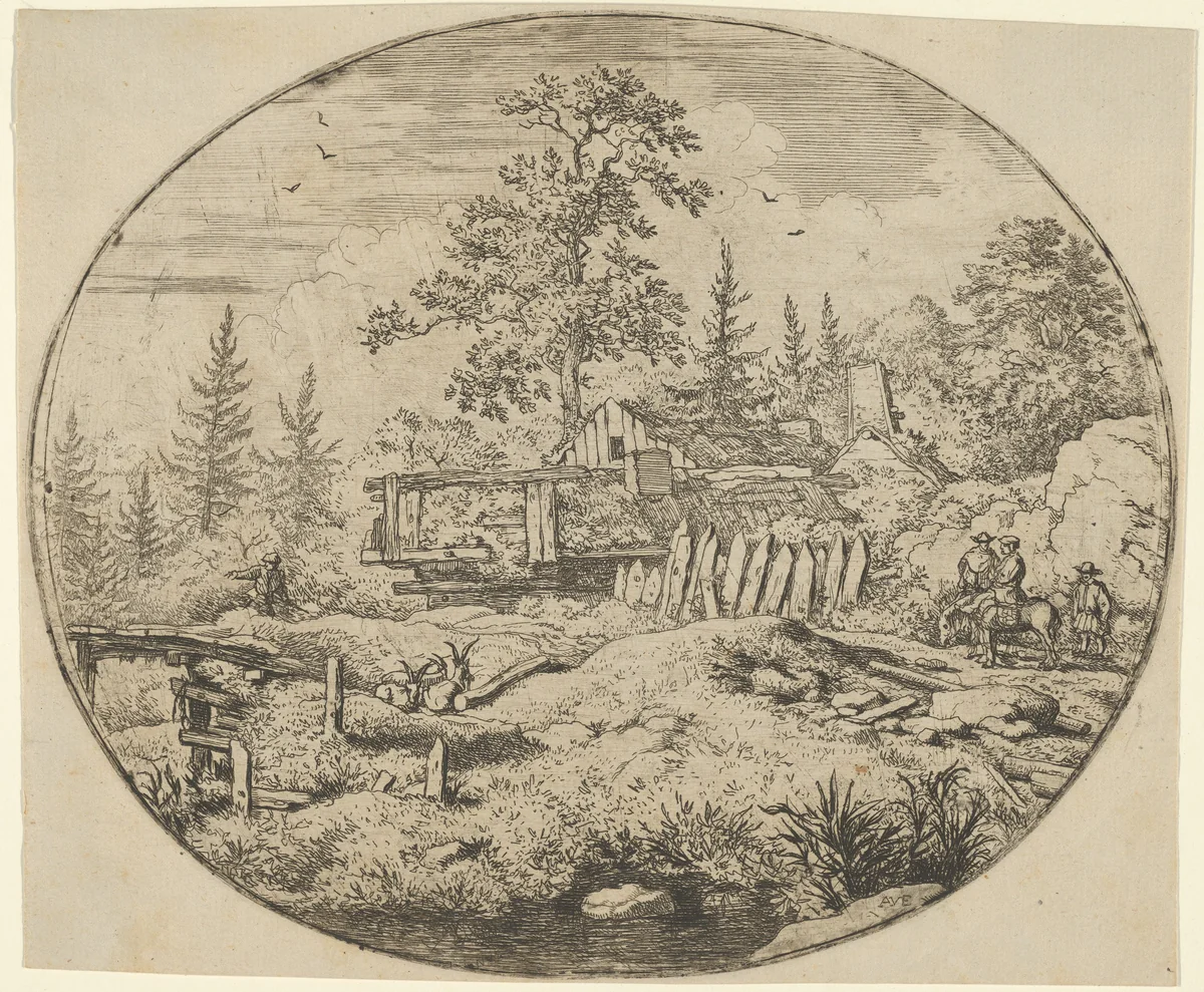 The Landscape with the Wooden Bridge by Allart van Everdingen, print, 1621-1675