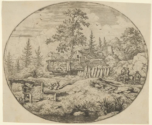 The Landscape with the Wooden Bridge by Allart van Everdingen, print, 1621-1675