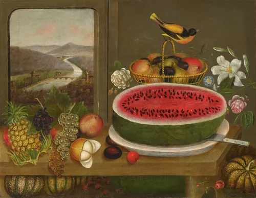 Fruit and Baltimore Oriole by Wagguno, painting, 1858