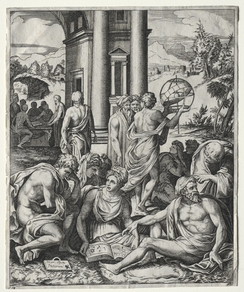 An Assembly of Scholars by Marco Dente, print, 1515-1527