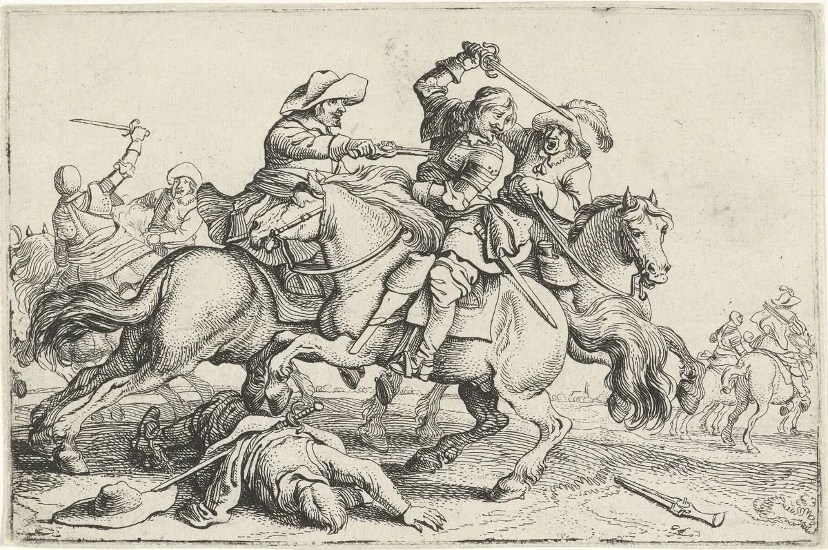 Drie ruiters in gevecht by Jan Martszen de Jonge, print, 1619-1649