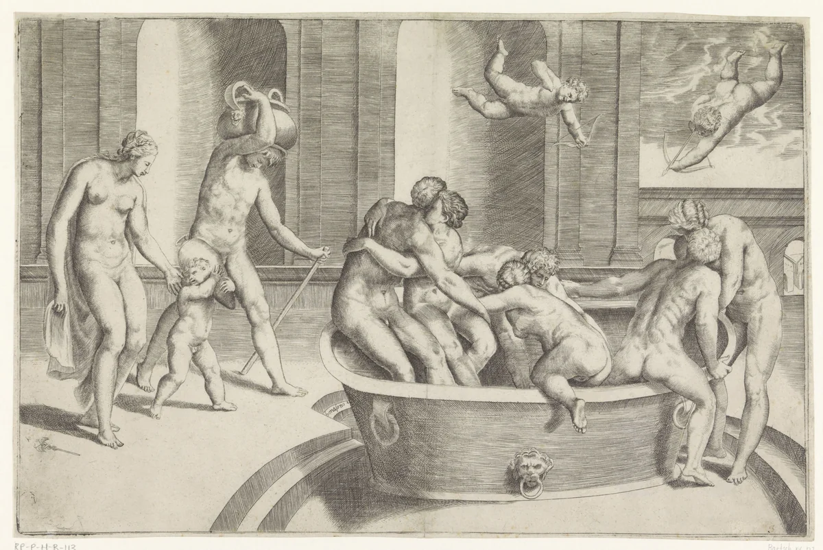 Mannen en vrouwen in grote badkuip by Giulio Bonasone, print, 1501-1580