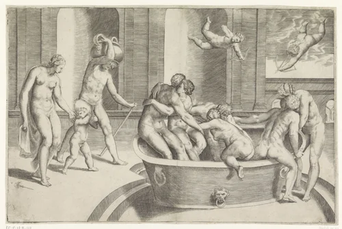Mannen en vrouwen in grote badkuip by Giulio Bonasone, print, 1501-1580