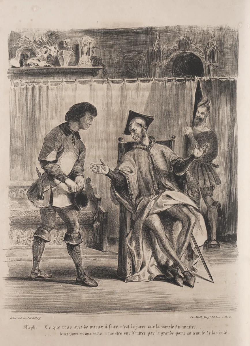 Illustrations for Faust: Méphistophélé receives the schoolboy by Eugène Delacroix, print, 1828