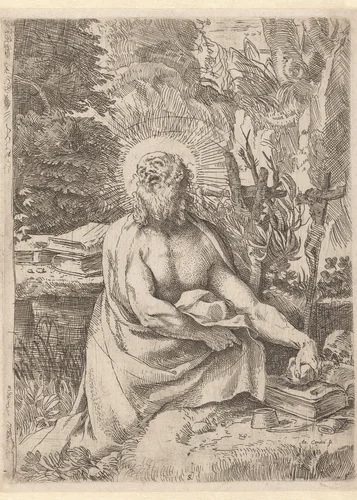 De heilige Hieronymus in de wildernis by Unknown, print, 1591