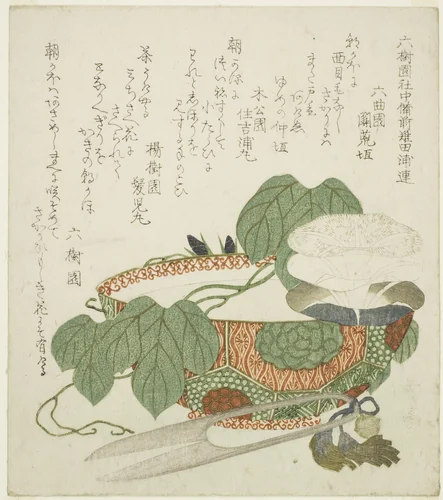 Bowl, scissors, and morning glories by Yashima Gakutei (八島岳亭), print, 1815-1825