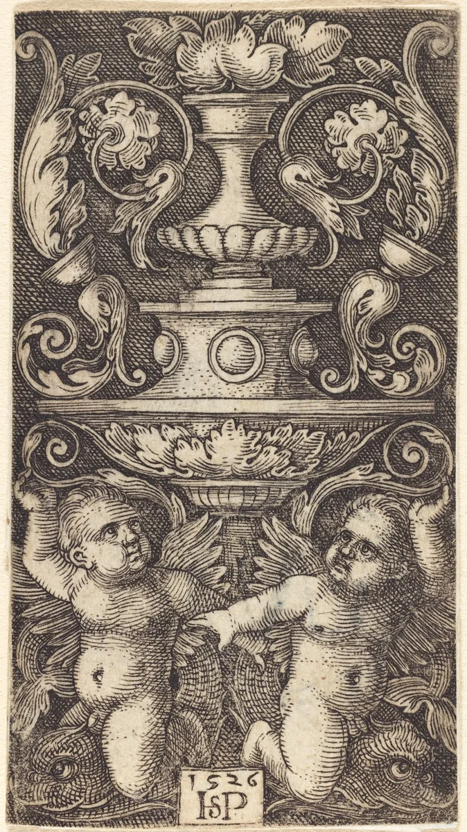 Double Cup with Two Genii Riding on Dolphins by Sebald Beham, print, 1526