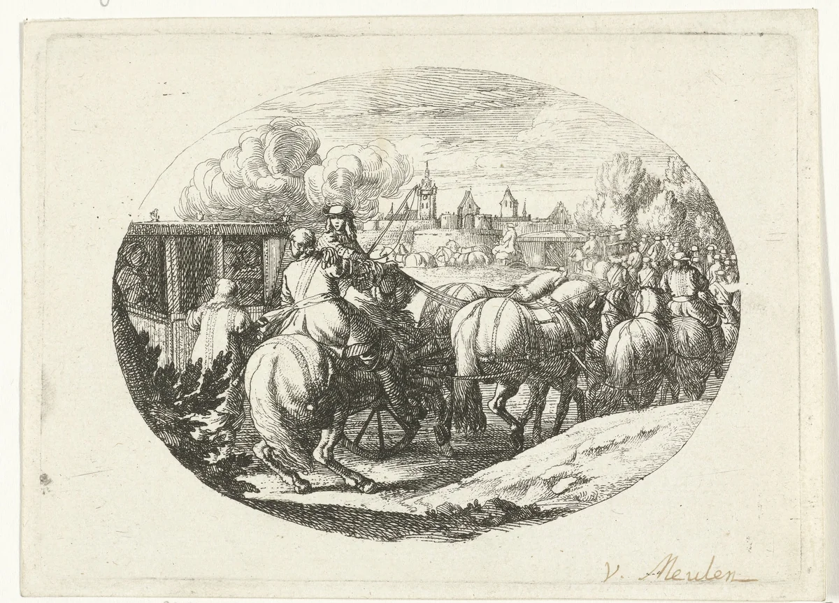 Leger en koetsen trekken naar stad by Jan van Huchtenburg, print, 1674-1733