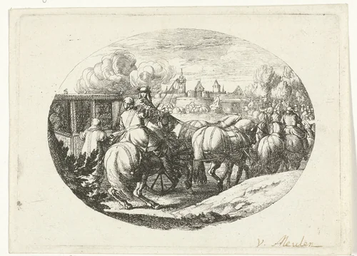 Leger en koetsen trekken naar stad by Jan van Huchtenburg, print, 1674-1733