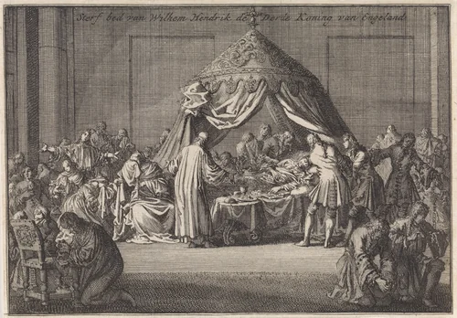Sterfbed van koning Willem III, 1702 by Jan Luyken, print, 1703
