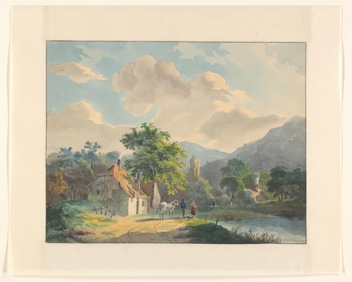 Berglandschap met huizen bij een rivier by Johannes van Reijn, drawing, 1800-1900