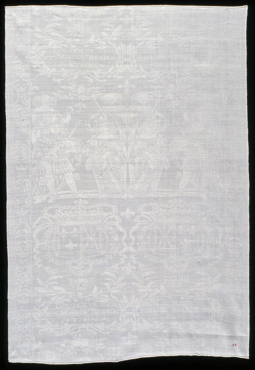 Table Napkin Commemorating the Marriage of Louis XIV (1638–1715) and Marie-Therese (1638–1683) in 1660 by France, textile, 1650-1670