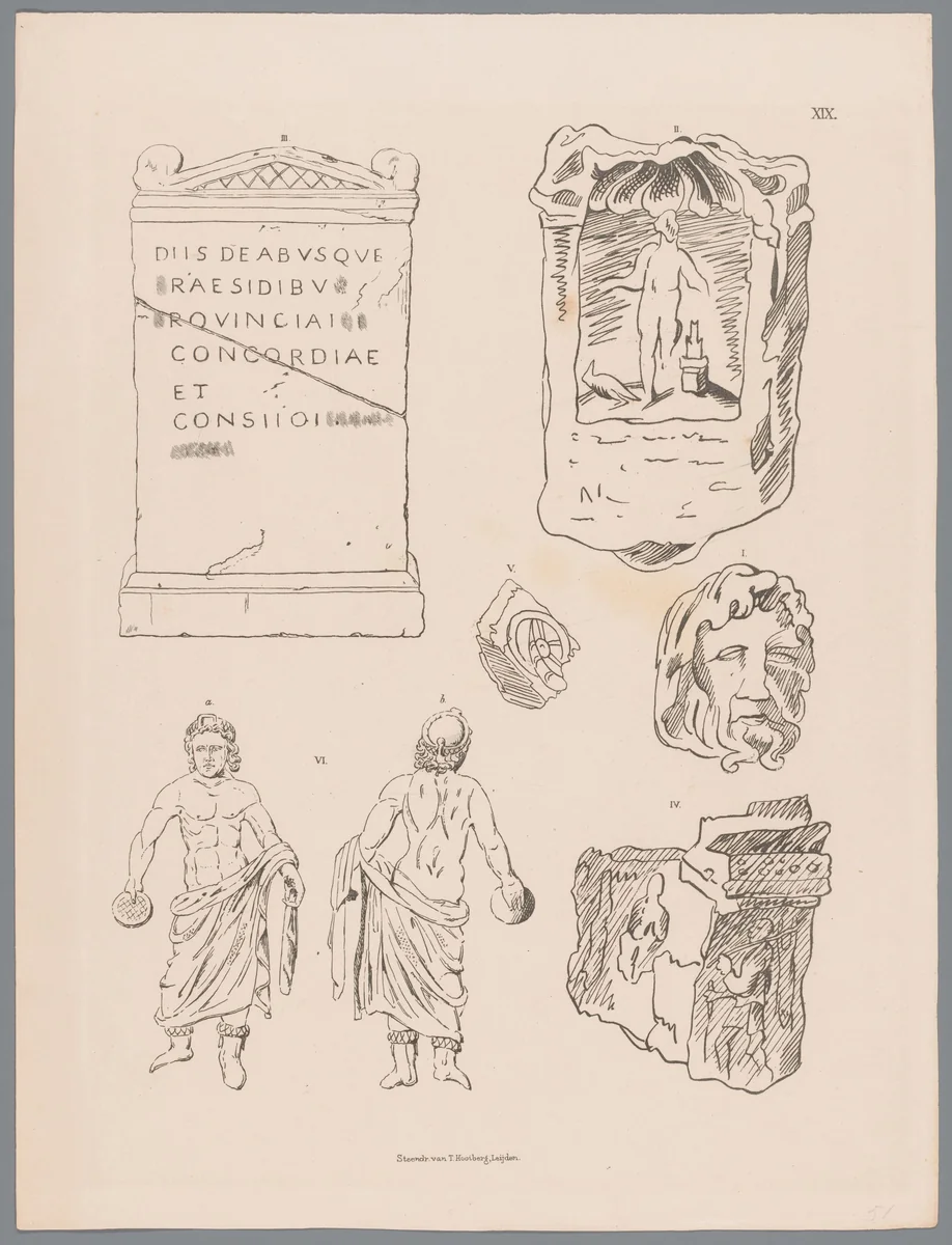 Verschillende Romeinse beelden en bouwfragmenten, pl. XIX by Tiemen Hooiberg, print, 1843-1845