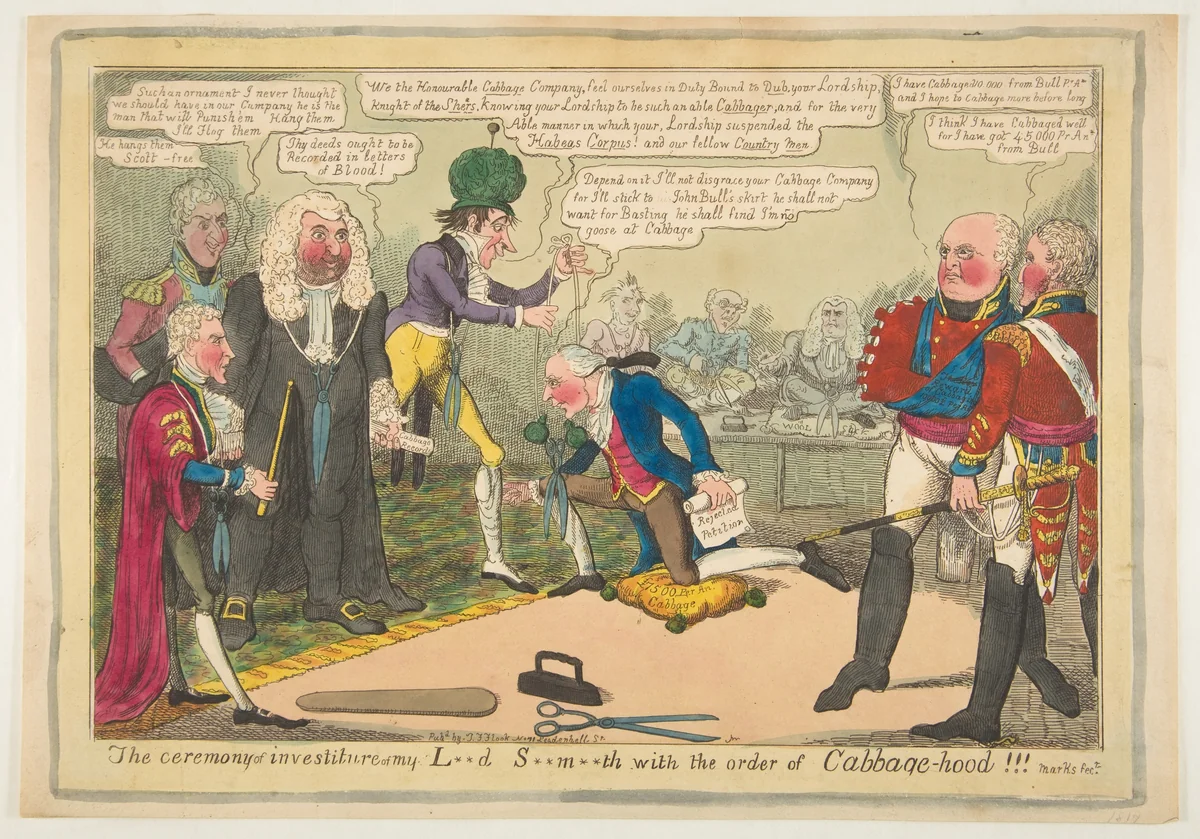 The Ceremony of Investiture of My L**d S**m**th with the Order of Cabbage-hood by J. Lewis Marks, print, 1819