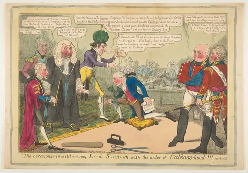 The Ceremony of Investiture of My L**d S**m**th with the Order of Cabbage-hood by J. Lewis Marks, print, 1819