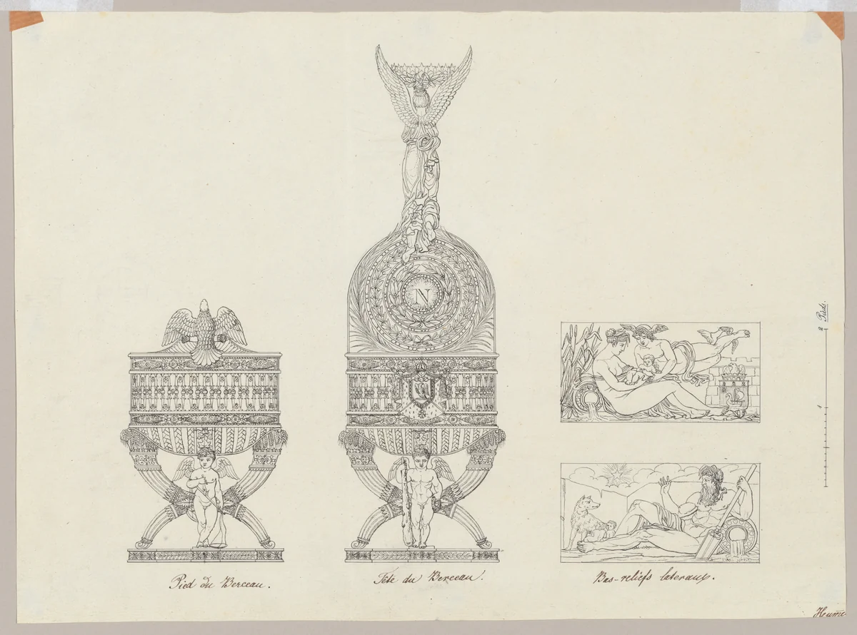 Elevations and Bas-reliefs of The Cradle of His Majesty the King of Rome by Adrien Cavelier, drawing, 1805-1815