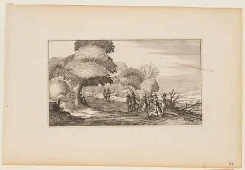 Men with Muskets on a Path leading through Woods, from Twelve landscapes with Figures by Gillis van Scheyndel, print, 1624