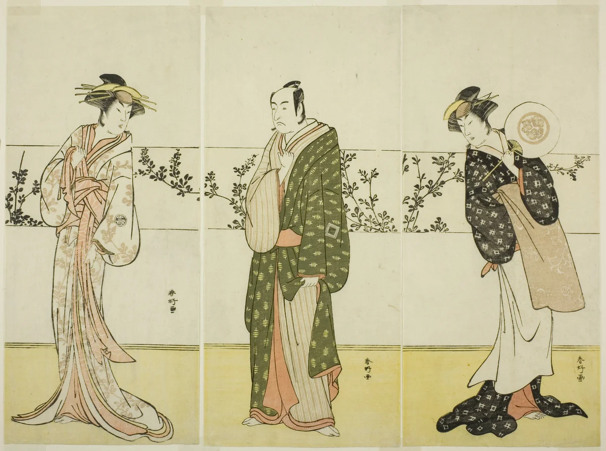 The Actors Osagawa Tsuneyo II (right), Ichikawa Monnosuke II (center), and Segawa Kikunojo III (left), Possibly as Misao Gozen, Matsuya Soshichi, and the Courtesan Kojoro of Hakata, in the Play Chiyo no Hajime Ondo no Seto (Beginnings of Eternity: The Ondo Straits in the Seto Insland Sea) (?), Performed at the Kiri Theater from the Twenty-seventh Day of te Seventh Month, 1785 by Katsukawa Shunko, print, 1780-1790