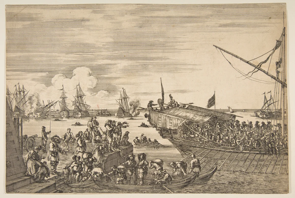 Departure of a galley at the Port of Livorno, from from 'Views of the port of Livorno' (Vues du port de Livourne) by Stefano della Bella, print, 1654-1655